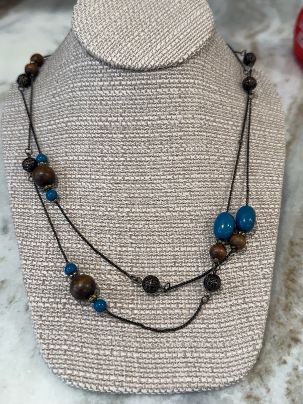 Wood and Teal Bead Layered Necklace - Women's Jewelry